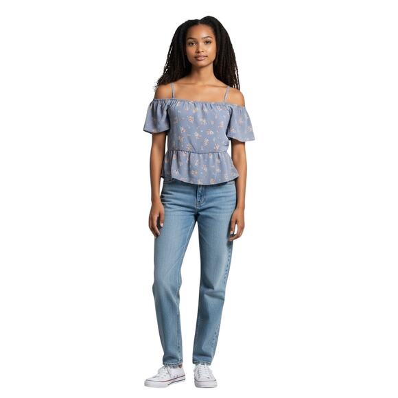 Hippie Rose Juniors Pretty Pastel Blouse Blue Floral Size M NWT - Picture 1 of 8